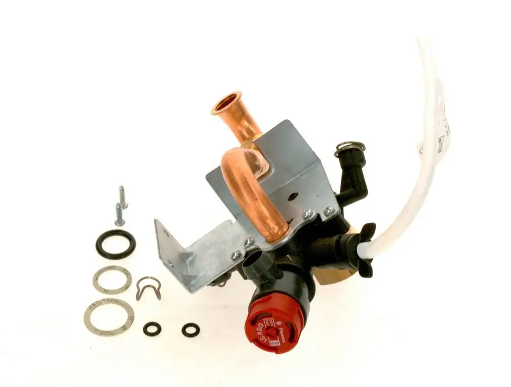 Sammler von Bosch, bestehend aus einem Metallgehäuse mit Kupferrohr, Anschlussmöglichkeiten und Montageschrauben. Umgeben von Dichtungsringen und Unterlegscheiben.
